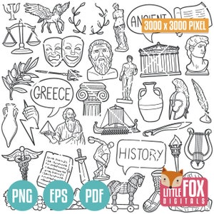 CLASSICAL ANTIQUITY History of Greece, Doodle icon vectors. Ancient Greek Design Doodle Icons Clipart. Hand Drawn Design Clip Art Sketch.