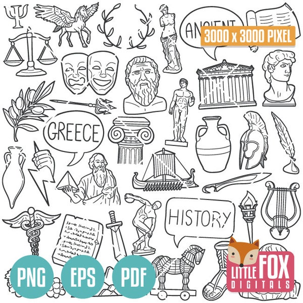 CLASSICAL ANTIQUITY History of Greece, Doodle icon vectors. Ancient Greek Design Doodle Icons Clipart. Hand Drawn Design Clip Art Sketch.