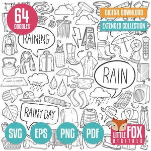 May include: Black and white doodle illustrations of rain-related items, including umbrellas, rain boots, and a raincoat. Text includes "64 DOODLES", "RAINING", "RAINY DAY", and "RAIN". Also includes file type icons: SVG, EPS, PNG, and PDF.