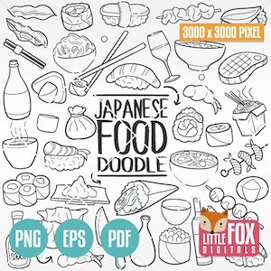 May include: Black and white line art doodle illustration of Japanese food items, including sushi, noodles, dumplings, and chopsticks. The text "JAPANESE FOOD DOODLE" is in the center of the image. The image is 3000 x 3000 pixels and is available in PNG, EPS, and PDF formats.