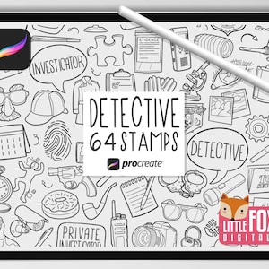 SELLOS DE DETECTIVE, Pinceles para Procreate, Iconos de Investigador Privado, Conjunto de Garabatos con Símbolos de Espía Manual. Clipart, Planificador Digital, Álbum de Recortes, Colorear.