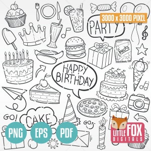FELIZ ANIVERSÁRIO, ícones de vetores doodle. Festa Família Amigos Feriados Doodle Ícones Clipart. Conjunto de Arte Colorir Mão Desenhada Esboço Rabisco.