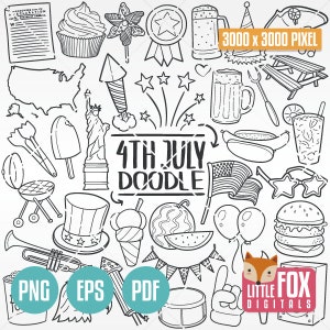 4 luglio Vacanze vettoriali Doodle icone. America Patriotic Party icone Clipart Scrapbook Set. USA disegnato a mano linea arte design. Opera d'arte da colorare.