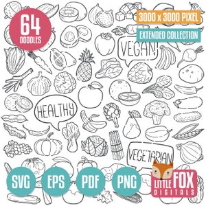 ALIMENTATION SAINE SVG, icônes vectorielles doodle. Art conceptuel végétarien. Clipart végétarien de dessin animé. Ensemble de croquis de collection dessinés à la main, art au trait à colorier.