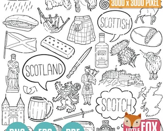 Può includere: Illustrazioni in bianco e nero di simboli scozzesi, tra cui un kilt, cornamuse, una bottiglia di whisky scozzese e la bandiera scozzese. Il testo include "Scotland", "Scottish" e "Scotch". L'immagine è etichettata "3000 x 3000 PIXEL".