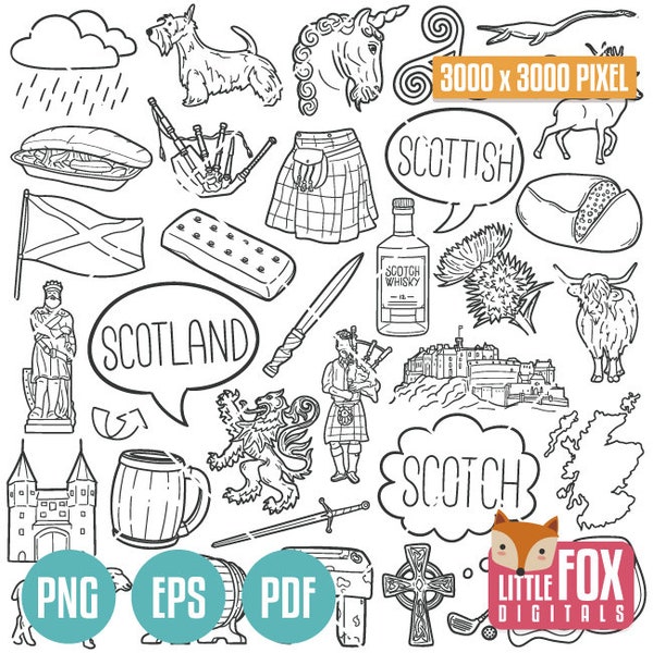 SCOTLAND vector doodle icons. Scottish Travel Europe Clipart Scrapbook. Scotch Hand Drawn Line Art Design. Artwork Clip Art Coloring.