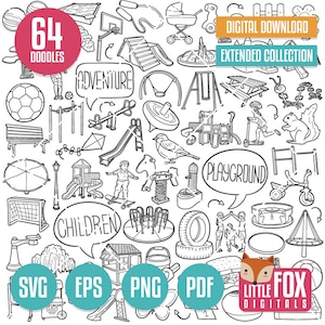PARCO GIOCHI SVG, icone vettoriali doodle. Clipart delle icone di Doodle della scuola del cortile della scuola. Schizzo da colorare di Park Yard disegnato a mano Line Art Design.