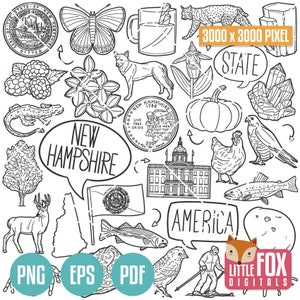 May include: Black and white line art illustrations of various symbols and icons representing the state of New Hampshire.  The illustrations include a state seal, a butterfly, a glass of milk, a wildcat, a flower, a pumpkin, a crystal, a salamander, a tree, a deer, a fish, a chicken, a bird, a state capitol building, a state flag, a skier, and the text "New Hampshire", "Live Free or Die", "State", "America", and "Little Fox Digitals".