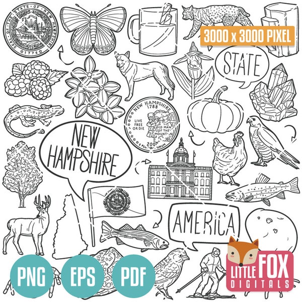 NEW HAMPSHIRE NH State Symbols. American State Clipart. Manchester Nashua Icons Doodle. Scrapbook. Hand Drawn Line Art. Design Set Artwork.