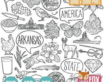 Staatssymbolen ARKANSAS. Amerikaanse staat clipart. Arkansas Amerika, Verenigde Staten pictogrammen doodle. Plakboek. Handgetekende lijntekeningen. Ontwerpset-kunstwerk.