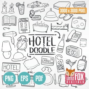 Voyages à l'HTEL, vacances entre amis et en famille. Clipart d'icônes de griffonnage d'été. Ensemble de scrapbooking motel à colorier croquis dessinés à la main.