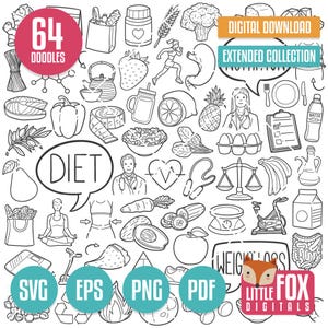 PERTE DE POIDS, vecteurs d'icônes de griffonnage SVG. Clipart d'icônes de griffonnage de nutrition. Diète, nourriture, remise en forme, entraînement, main, dessiné, ligne, conception, clip, coloration, croquis.