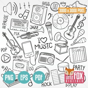 MÚSICA, iconos vectoriales de doodle. Iconos de doodle de fiesta, discoteca, rock, clipart, álbum de recortes, clip art dibujado a mano. Ilustración de garabatos, bocetos y coloreado.