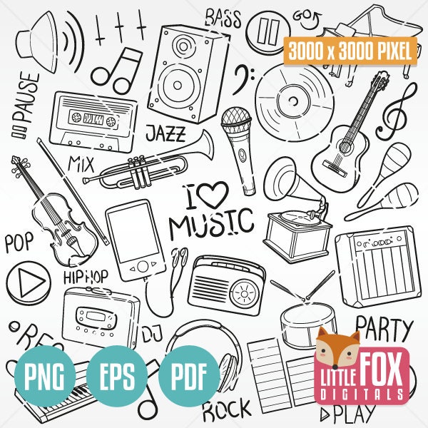 MUSIC, doodle vector icons. Party Disco Doodle Icons Rock Clipart Scrapbook Set Hand Drawn Clip Art. Scribble Sketch Illustration Coloring.