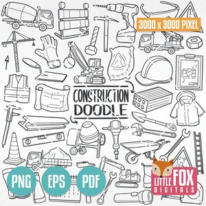 EN CONSTRUCTION, des icônes vectorielles de griffonnage. Véhicules de travail acharné grue Doodle icônes Clipart. Illustrations de constructeur à colorier, croquis de gribouillis dessinés à la main.