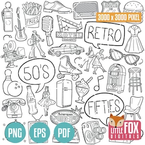 Años 50, conjunto de iconos de años. Álbum de recortes de imágenes prediseñadas de iconos de los años cincuenta. Música retro y objetos dibujados a mano. Dibujo para colorear de imágenes prediseñadas de Doodle de cultura.