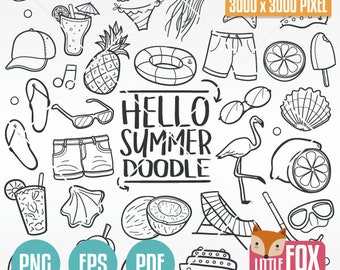 Summer Doodle Icons Clipart Set, Hand-Drawn Line Art (PNG, EPS, PDF)