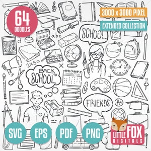 Back to SCHOOL SVG Clipart Doodle Icons. Grafische Vektor-Illustration Hand Gezeichnet. Clip art Scrapbook Back to School. Coloring Line Printable.