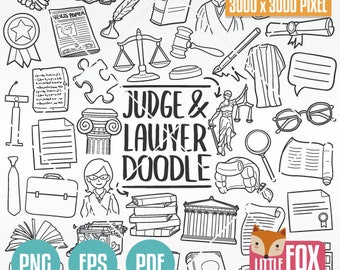 May include: Black and white doodle illustration of a judge and lawyer. The illustration includes a gavel, scales of justice, legal documents, a law book, a magnifying glass, a courtroom, a judge's robe, and a lawyer's briefcase. The text "JUDGE & LAWYER DOODLE" is included in the illustration.
