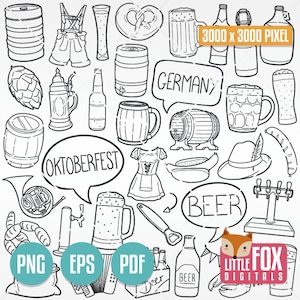 Iconos de doodle de la fiesta de Oktoberfest. Conjunto de imágenes prediseñadas de iconos de cerveza de taberna de Oktoberfest. Diseño de arte lineal dibujado a mano de Alemania. Ilustraciones prediseñadas para colorear.