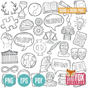 FILOSOFÍA, vectores de iconos de Doodle. Imágenes Prediseñadas de iconos de Doodle de diseño histórico de la escuela de filósofos. Dibujo para colorear de imágenes prediseñadas de diseño de línea dibujada a mano.