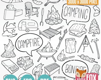 Fogata, iconos vectoriales de garabatos. Camping Naturaleza Montaña Día Bosque Familia Amigos Hueso Fuego Iconos de garabatos Clipart. Conjunto de ilustraciones Colorear Boceto