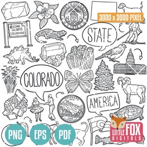 Simboli dello stato di COLORADO. Clipart dello stato americano. Colorado America, icone Usa Doodle. Album dei ritagli. Linea arte disegnata a mano. Grafica del set di design.