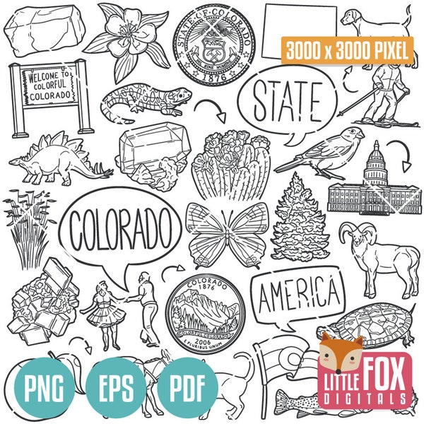 COLORADO State Symbols. American State Clipart. Colorado America, Usa Icons Doodle. Scrapbook. Hand Drawn Line Art. Design Set Artwork.