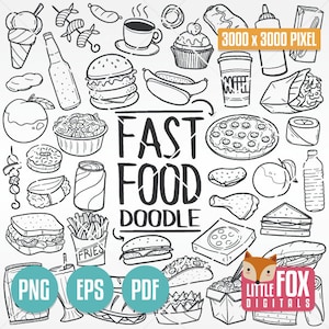 May include: Black and white line art doodle illustration of fast food items, including a hamburger, pizza, fries, chicken, coffee, and a donut. The text "FAST FOOD DOODLE" is in the center of the image. The image is 3000 x 3000 pixels.
