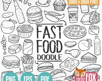 FAST FOOD-Menü, Gekritzelvektorikonen. Restaurant Menü Doodle Symbole Clipart. Set Färbung Handzeichnung Line Art Scribble Design Handgezeichnet.