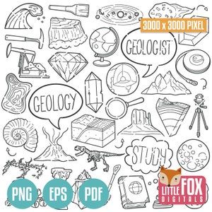GEOLOGÍA, vectores de iconos de Doodle. Imágenes Prediseñadas de iconos de Doodle de diseño de estudio de la Tierra de la escuela de geólogos. Dibujo para colorear de imágenes prediseñadas de diseño de línea dibujada a mano.