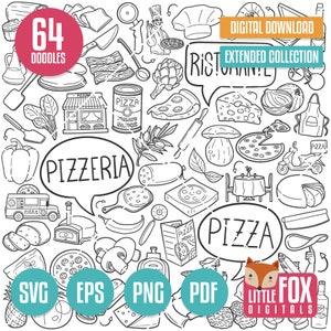 May include: A black and white illustration of 64 pizza-themed doodles. The doodles include ingredients, tools, and other items related to pizza. The text "64 Doodles" is in a red circle at the top left of the image. The text "PIZZERIA" is in a speech bubble at the bottom left of the image. The text "PIZZA" is in a speech bubble at the bottom right of the image. The text "DIGITAL DOWNLOAD EXTENDED COLLECTION" is at the top right of the image. The text "SVG EPS PNG PDF LITTLE FOX DIGITALS" is at the bottom center of the image.