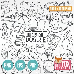 WITCH, Wizards Party Doodles. Witchery Witchcraft Magic Icons Clipart Scrapbook. Halloween Hand Drawn Line Art Design Clip Art Coloring.