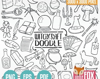 WITCH, Wizards Party Doodles. Witchery Witchcraft Magic Icons Clipart Scrapbook. Halloween Hand Drawn Line Art Design Clip Art Coloring.
