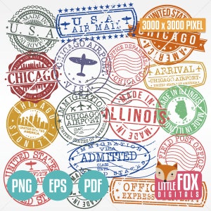 Wektor CHICAGO, USA Wyprodukowano w paszporcie Znaczek Grunge Mapa Skyline Ameryka Sylwetka Clipart Zestaw Cyfrowa Ilustracja Scrapbook Png Eps Pdf.