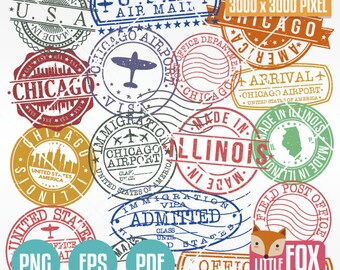 Vector CHICAGO, USA Made in Passport Postage Grunge Map Skyline America Silhouette Clipart Set Digital Illustration Scrapbook Png Eps Pdf.