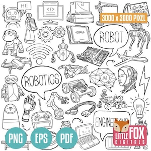 ロボット工学、落書きベクターアイコン。ロボット技術スクラップブック。手描きのエンジニアリング機械セット。人工知能のイラストカラーリング。