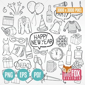 Icone scarabocchiate per la festa di CAPODANNO. Concept art delle vacanze invernali, icone scarabocchiate dei cartoni animati, clipart, album di ritagli. Schizzo di festa disegnato a mano, linea artistica da colorare.