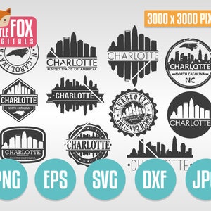 Znaczki SVG CHARLOTTE. Svg Plik do cięcia Karolina Północna. Svg Skyline Sylwetka Charlotte Clip art Logo. Svg Ikona wektorowa Logo Projekt stempla pocztowego.