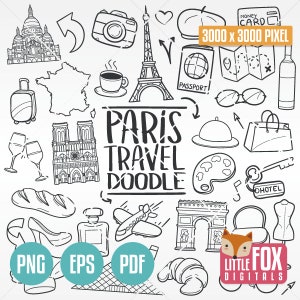 PARÍS Francia, viajes por Europa, vacaciones con amigos y familiares, iconos de garabatos de verano de luna de miel, clipart, álbum de recortes, colorear, arte lineal, boceto.