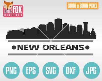 May include: Black and white silhouette of the New Orleans skyline with the text "•NEW ORLEANS." below. The image is 3000 x 3000 pixels and is available in PNG, EPS, SVG, DXF, and JPG formats.
