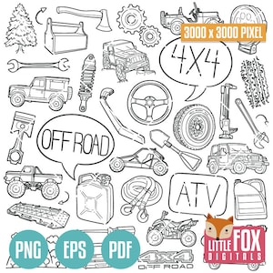 May include: Black and white line art illustration of off-roading and 4x4 vehicles, equipment, and accessories.  The illustration includes a jeep, ATV, truck,  tires, a jack, a shovel, a gas can, a winch, a toolbox, a wrench, a steering wheel, and a tree. The text "OFF ROAD" and "4X4" are included in the illustration.  The illustration is 3000 x 3000 pixels.
