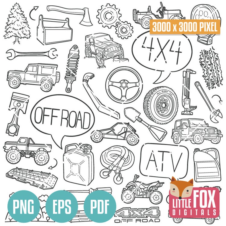 OFF ROAD Vector Doodle Icons. 4x4 Clipart Scrapbook Artwork Etsy