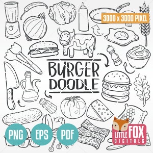 Ingredientes de hamburguesa, menú de restaurante de comida rápida. Receta de cocina, iconos de doodle, clipart, álbum de recortes, coloreado, boceto de arte lineal dibujado a mano.