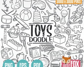 TOYS Children Game and Play Children Toys. Kids and Baby Doodle Icons Clipart Scrapbook Set. Hand Drawn Line Art. Artwork Clip Art Coloring.