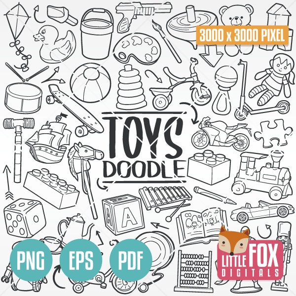 TOYS Children Game and Play Children Toys. Kids and Baby Doodle Icons Clipart Scrapbook Set. Hand Drawn Line Art. Artwork Clip Art Coloring.
