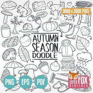 SAISON D'AUTOMNE, icônes vectorielles de doodle. Graphiques de dessin animé d'art d'automne d'illustration. Ensemble de cliparts Scrapbooking à colorier. Croquis de griffonnage dessiné à la main.