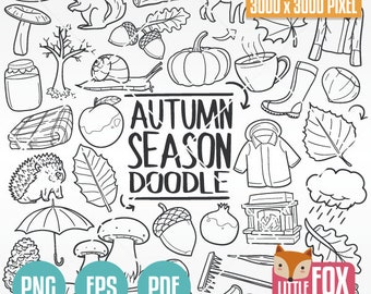 FALL SEASON, doodle vector icons. Illustration Autumn Art Cartoon Graphics. Clipart Scrapbook Set Coloring. Hand Drawn Scribble Sketch.