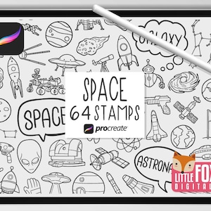 RAUM STEMPEL, Procreate Pinsel, Astronaut Icons, Technologie Bundle Doodles. Reise-Digital-Aufkleber Universum Kosmos Sammelalbum Set Färbung.