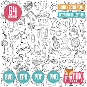 PLAYA DE VERANO, iconos vectoriales de garabatos SVG. Viaje de vacaciones de verano. Línea de imágenes prediseñadas para colorear de viajes de vacaciones. Diseños de garabatos dibujados a mano de turismo.